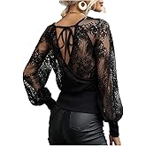 RoseSeek Women's Lace Sheer Mesh Wrap Tops V Neck Bishop Sleeve T Shirts Elegant Tops
