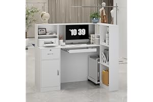 CXQ Modern L-Shaped Reception Desk with Handles, Lockable Drawers, Cabinets, Countertop, and Keyboard Tray – Perfect for Office, Clinic, Retail, Lobby, and Salon Checkout Counter,White 55.12 * 34.25