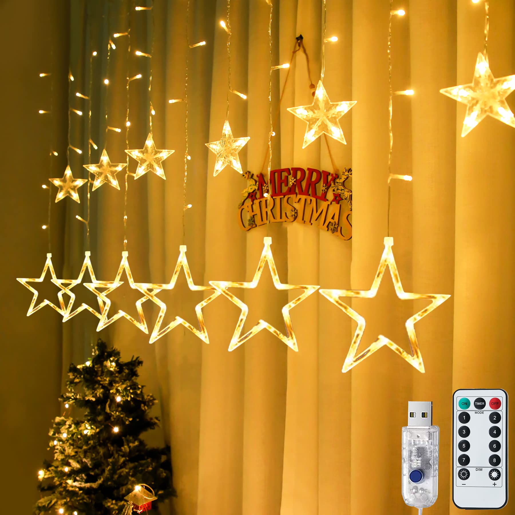 Garlocht Star Curtain Lights, 138LED Fairy Lights with 8 Modes USB Plug in Powered, String Lights for Indoor,Outdoor,Windows,Bedroom,Party,Christmas Decorations (Warm White)