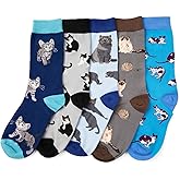VNG Women's Cat Pattern Crew Socks, 5 Pairs in Assorted Colors