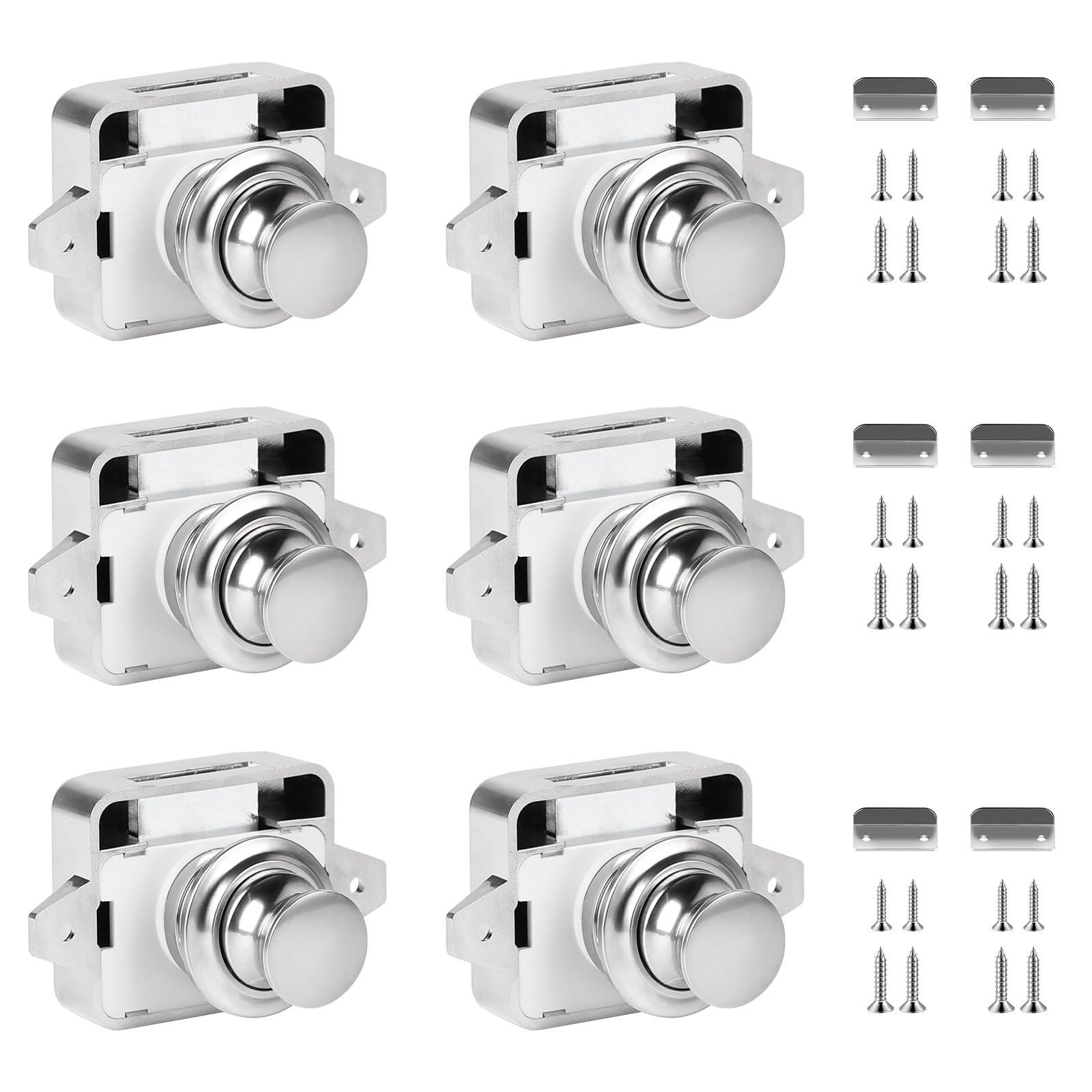 SUPAWAY Pack of 6 Metal Push Lock Lock, Motorhome Cabinet Keyless Push Button Lock 15-18 mm Pearl Nickel Button Catch Lock Keyless Cabinet for Caravan Van Yacht Motorhome Door Cabinet