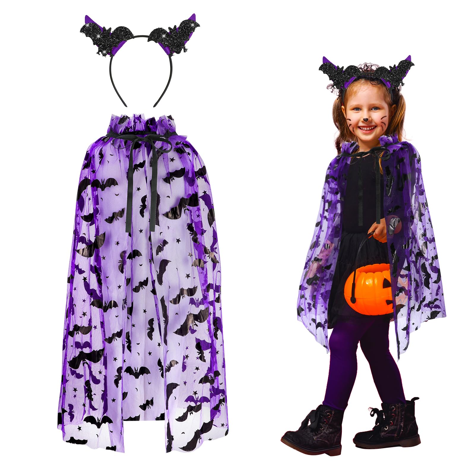 Hifot Kids Girls Bat Costume 2PCS, Purple Bat Cape & Headband Set for Halloween Cosplay & Party