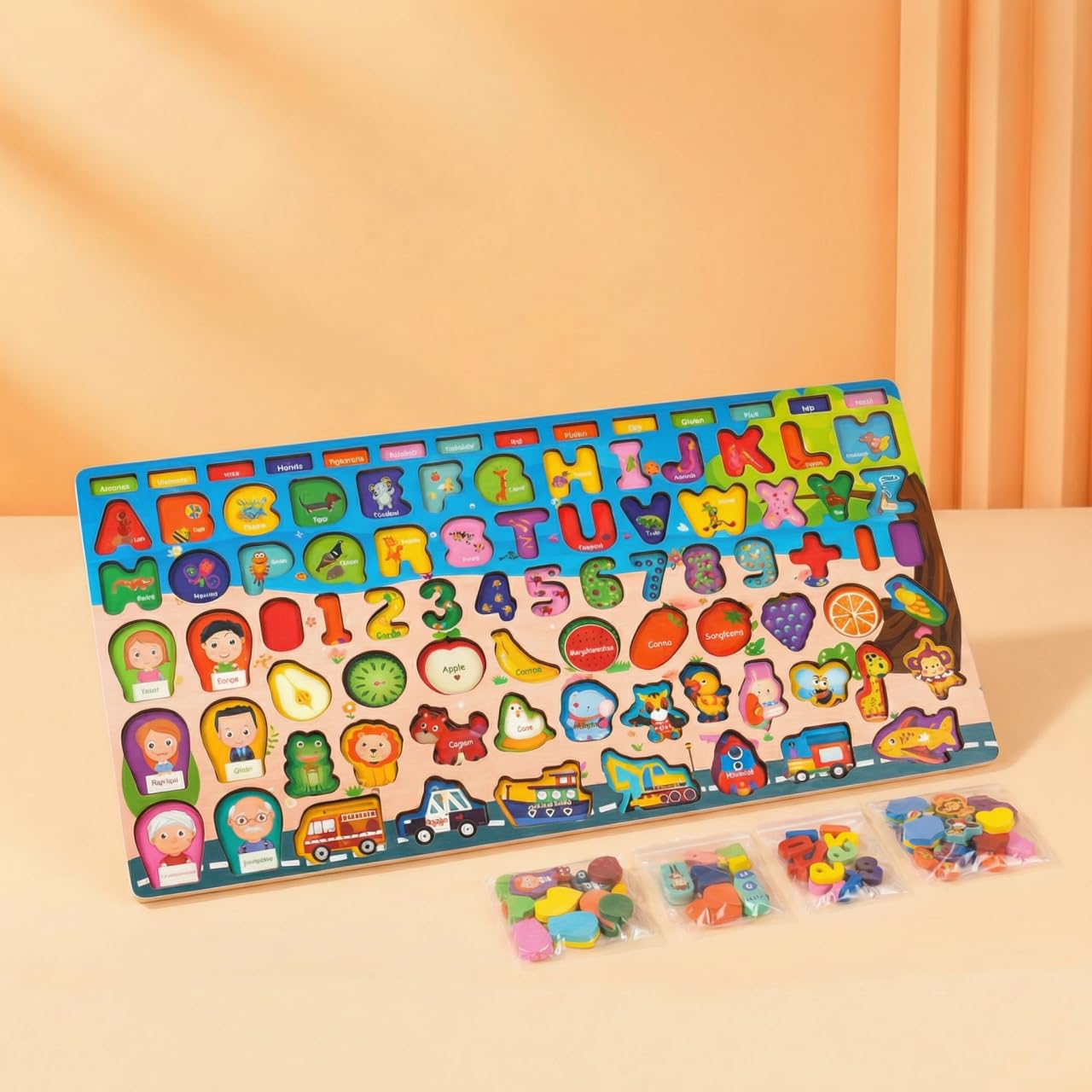 Ainah 8 in 1 Montessori Wooden Educational Puzzle Board, Toddler Toys, Alphabet Numbers Animals Fruits Vehicles Learning Toy for Children 3-6 Years