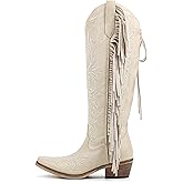 MissHeel Knee High Lace Up Cowboy Boots with Fringe Embroidered Western Boots Wide Calf