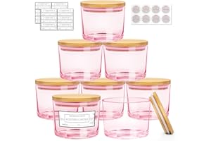 CONNOO 8 Pack 12 OZ Valentine's Day Pink Glass Wide Mouth Candle Jars for Making Candles with Airtight Bamboo Lids Nice Sticky Warning Labels for Candle Making Empty Container Bulk - Dishwasher Safe