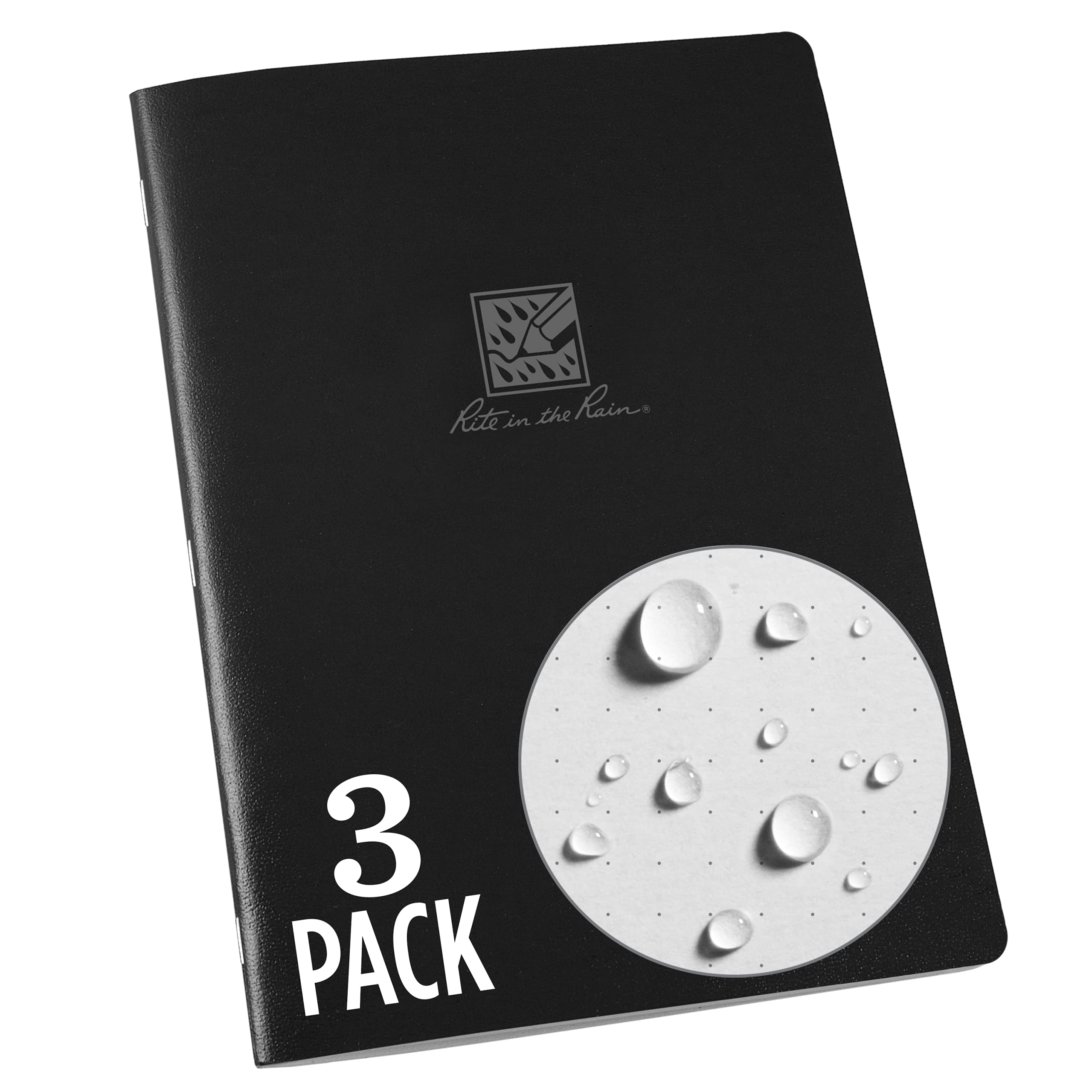 Rite in the Rain Single LG Stapled Notebook, 6.625" x 8.5", Black Cover, Dot Grid Pattern, 3 Pack (No. 771DG-LGL3)