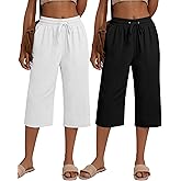 Neer 2 Pack Women's Linen Capri Pants Basics Wide Leg Casual Loose Drawstring Elasticated Beach Capris Pant with Pocket