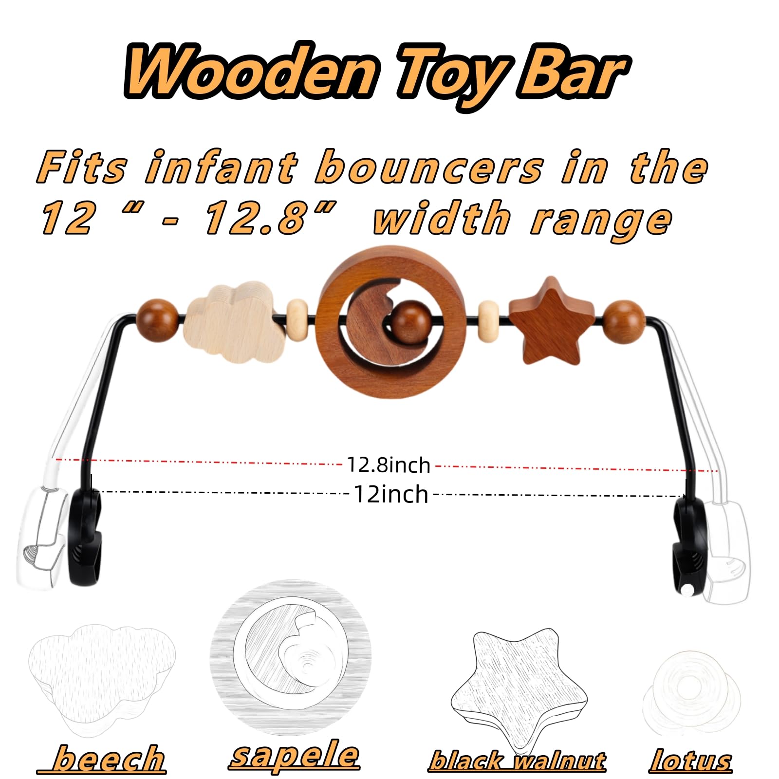 Toy Bar Compatible with Baby Bjorn Bouncer Toy Bar for Baby Bouncer, Durable Wooden Baby Bouncer Toy Bar Attachment, Rotatable Baby Sensory Toy (Natural Wood Colors)