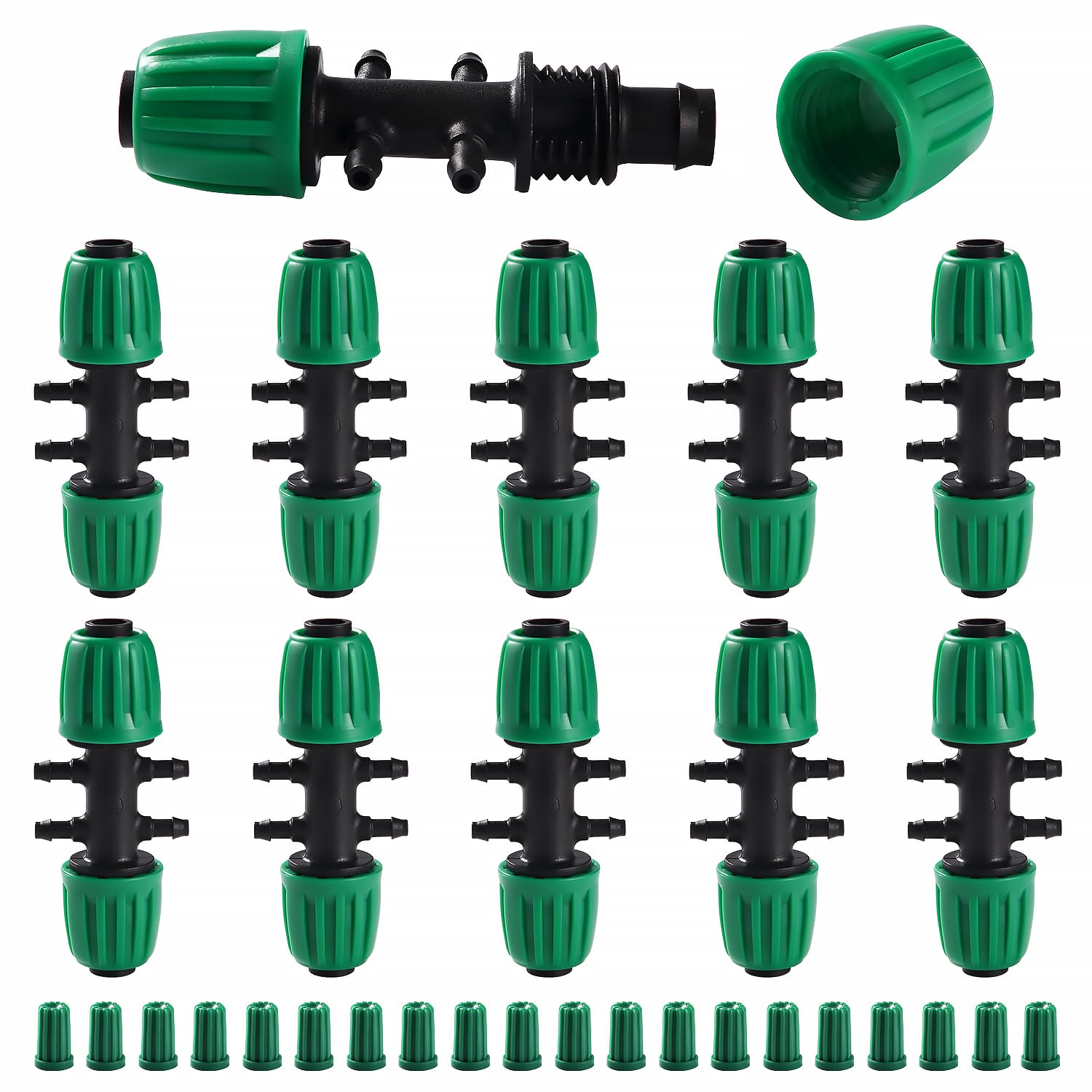 VooGenzek 10 PCS Barbed Tee Connector for Drip Irrigation, 6-Way Anti-Drop 13/16 mm to 4/7 mm Irrigation Tube Fitting, Barbed Tee Irrigation Tube for Lawn, Farm, Garden, Green