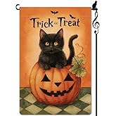 Lorugekyu Trick or Treat Garden Flag Halloween Cute Black Cat Small Flag for Outside Pumpkin Bat Burlap Double Sided Welcome Yard Lawn Decor 12.5x18"