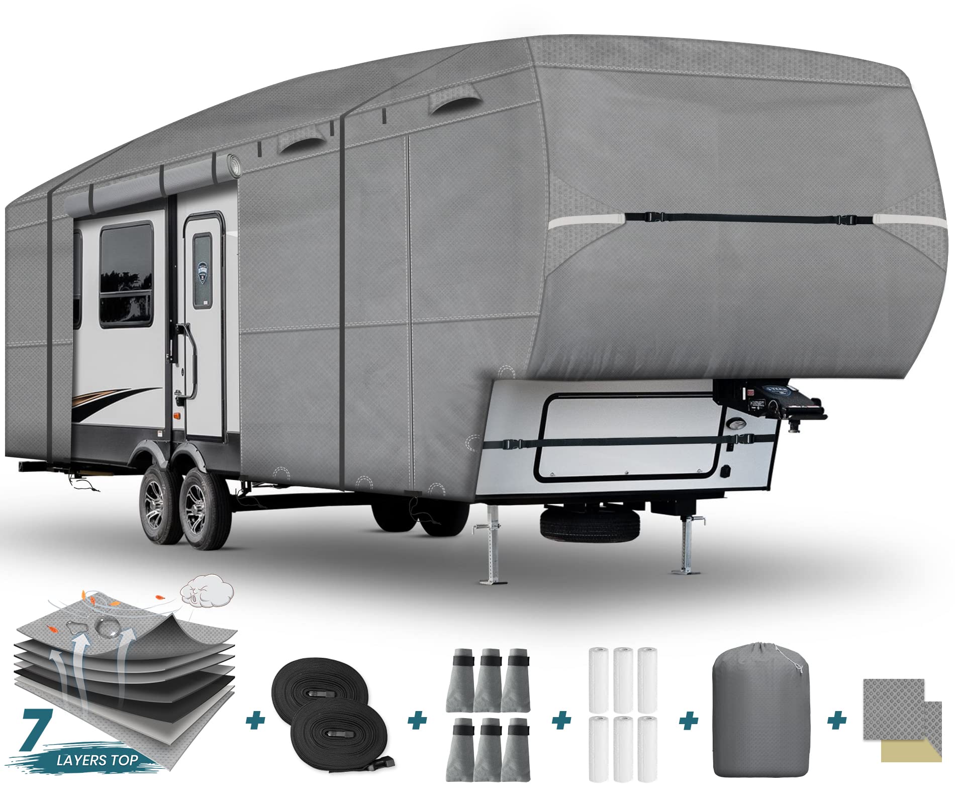Photo 1 of ***SIMILAR ITEM*** 5th Wheel RV Cover 37' - 41', 7 Layers Top Durable Non-Woven with Cotton Fifth Wheel Camper Tarp Anti-Scratch Breathable RV Motorhome Covers Gray with 2 Extra Windproof Straps, 6 Gutter Covers