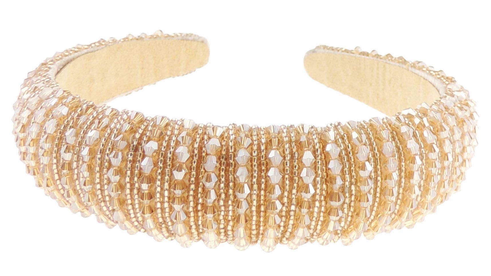 Ladies Bump Padded Beaded Crystal Evening Bridal Party Formal Headband (Gold)