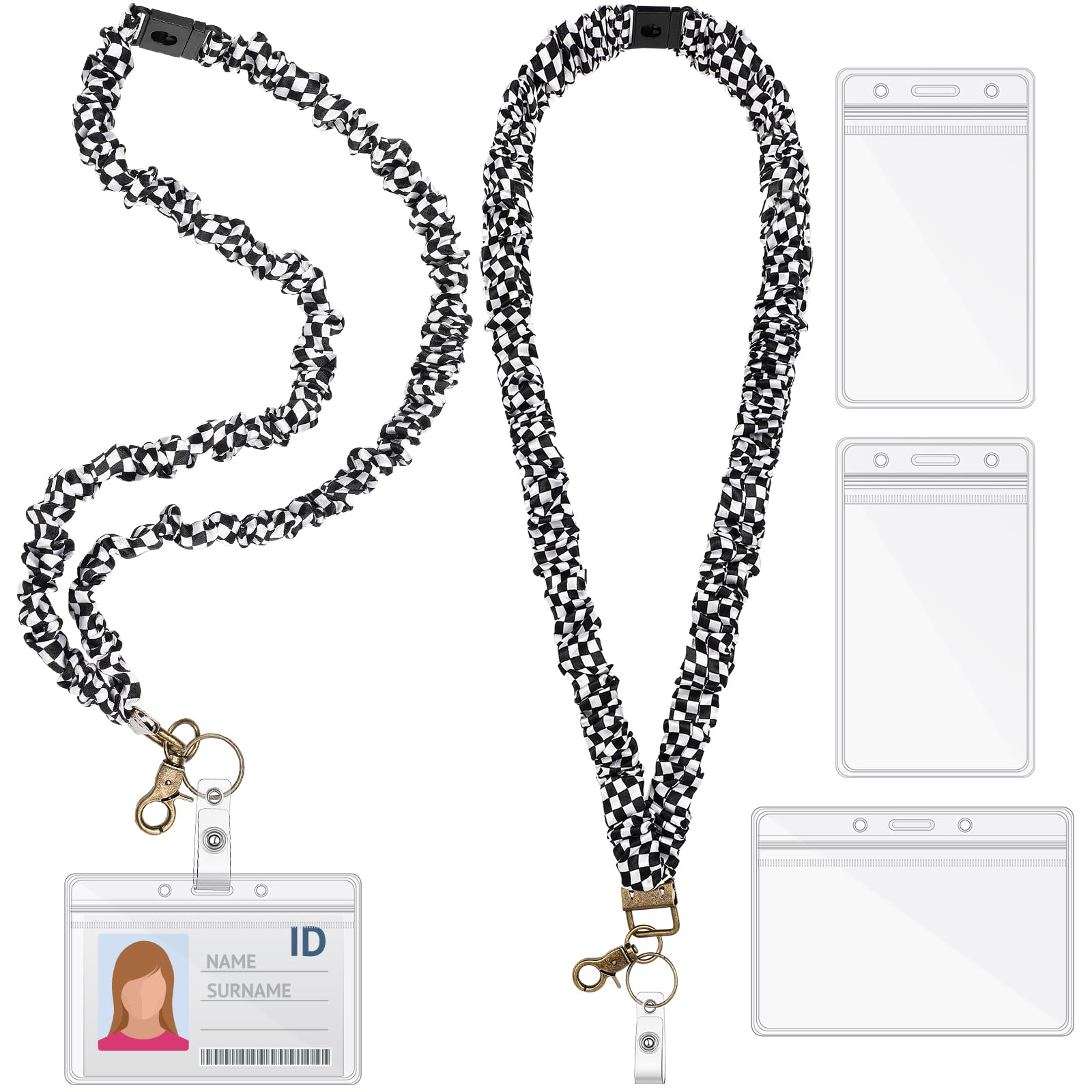 Photo 1 of 2 Set Teacher Scrunchie Lanyard with Safety Breakaway Buckle ID Badges Holder Retractable Lanyard for Office Teacher Gift(Checkered,Black and White)