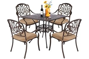 TITIMO 5-Piece Outdoor Patio Dining Set,Cast Aluminum Furniture Patio Conversation Set All-Weather Includes Square Table with Umbrella Hole for Patio Garden Deck, Flower Design (Khaki)