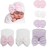 DRESHOW BQUBO Newborn Hospital Hat and Mittens Infant Baby Beanie Soft Cotton Cute Knot Nursery Cap for 0-3 Months Girls Boys