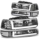 DNA Motoring HL-LB-CSIL99-BK-CL1 Black Housing Pair LED DRL Headlight Bumper Lamps Replacement For 99-02 Silverado