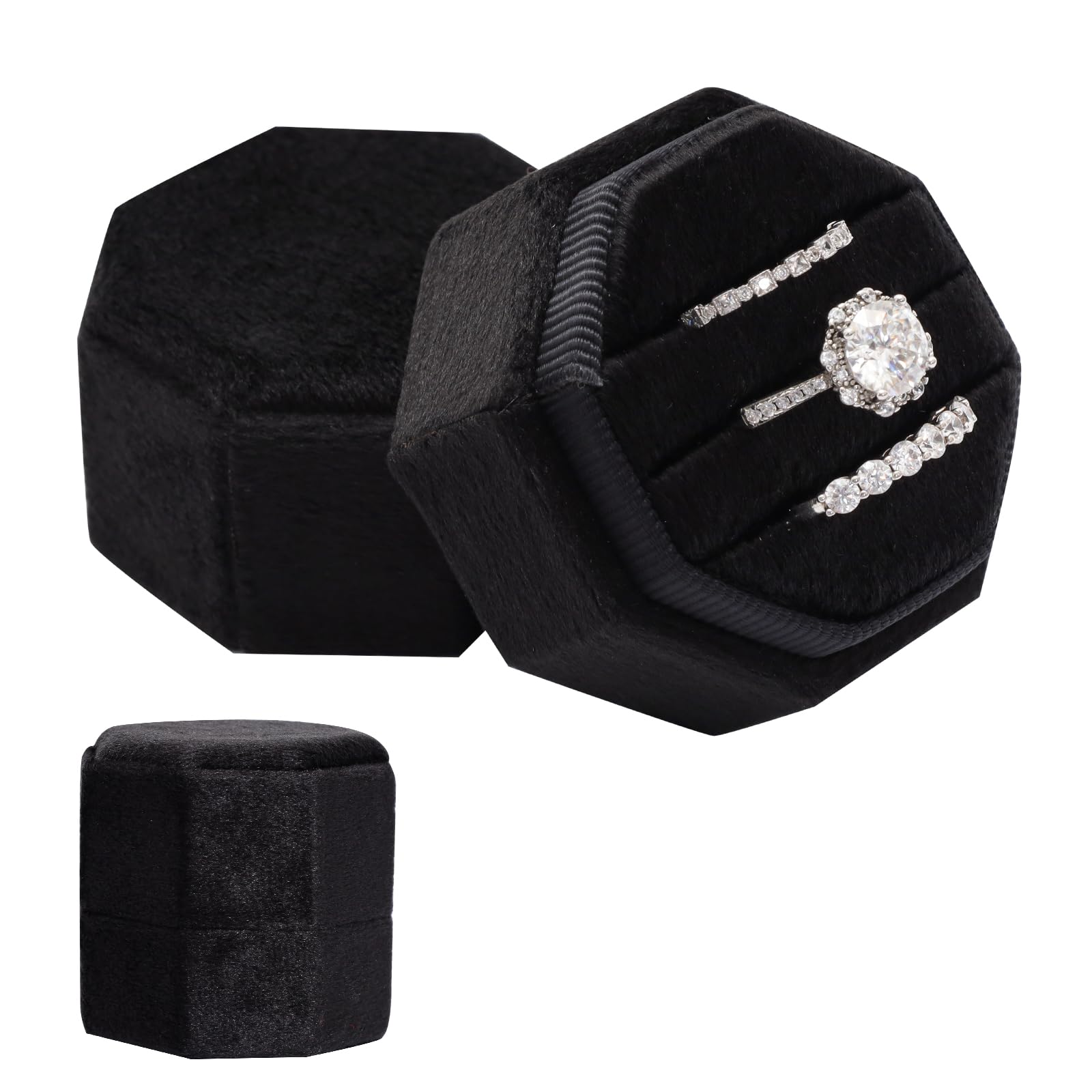 Photo 1 of Gvhntk Velvet 3 Slots Jewelry Ring Box Vintage Octagon Ring Display Holder Gift Premium Gorgeous Case with Detachable Lid for Wedding Engagement Proposal Keepsake Ceremony (Black)