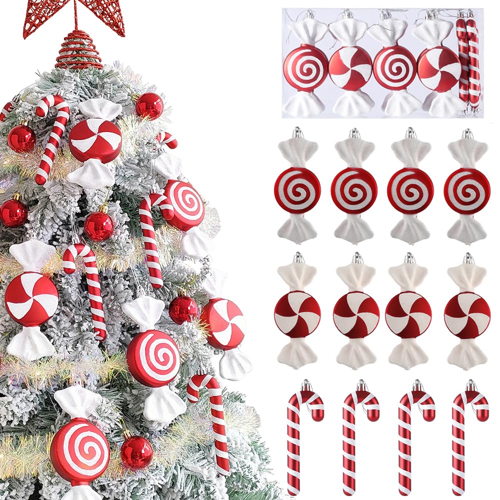 Photo 1 of 12 Pcs Candy Cane Ornaments for Christmas Tree - 6.5 Inch Red & White Assorted Shape Lollipop Hanging Decor with Ribbon for Sweet - Themed Xmas & New Year Party, Home Holiday Decorations