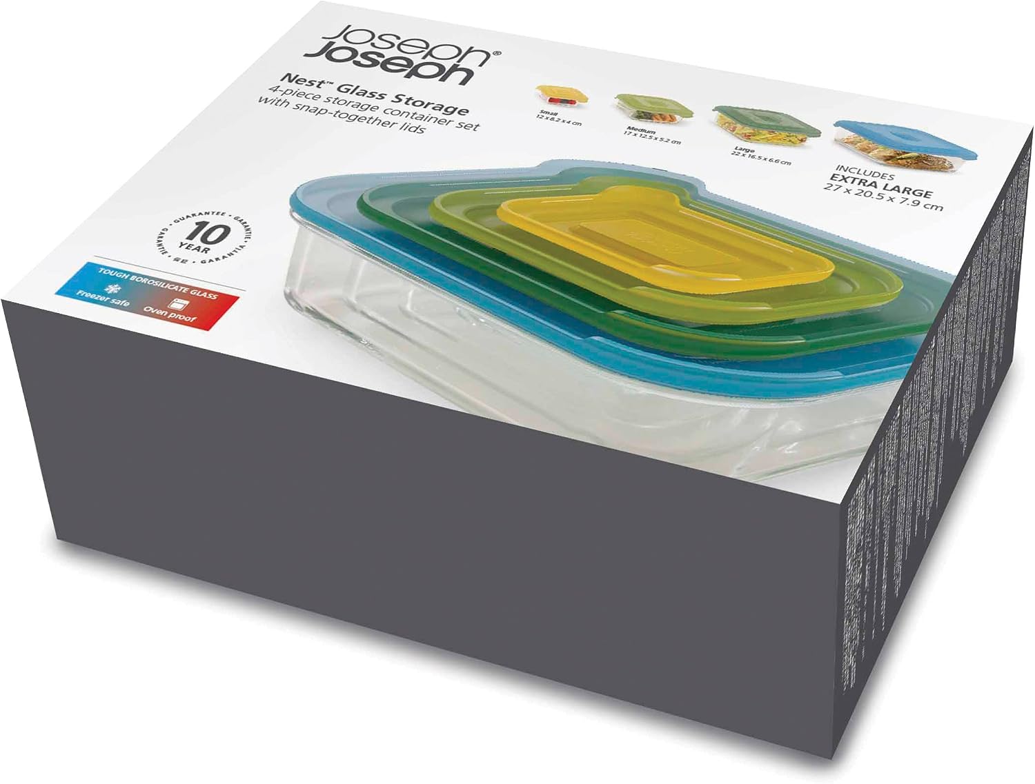Joseph Joseph Nest Glass Set of 4 Food Storage Containers with lids, Stackable, Space Saving Design, Oven, Freezer - Image 3