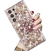 Changjia for Samsung Galaxy S25 Ultra Glitter Case with Ring Holder,Cute Luxury 3D Crown Bling Sparkle Crystal Rhinestones Flower Diamond Pearl Stunning Gems Women Girls Case for Galaxy S25 Ultra,Pink