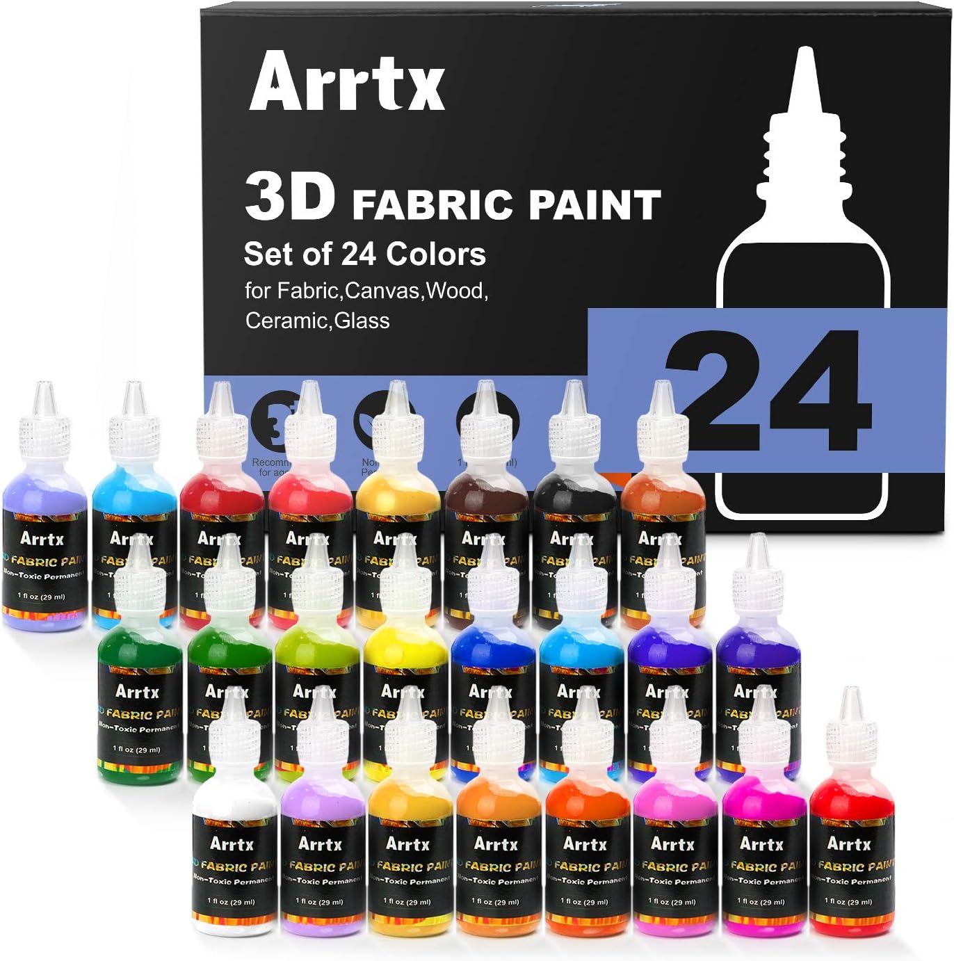 Arrtx Fabric Paint 3D Permanent 24 Assorted Colors Textile Paint for