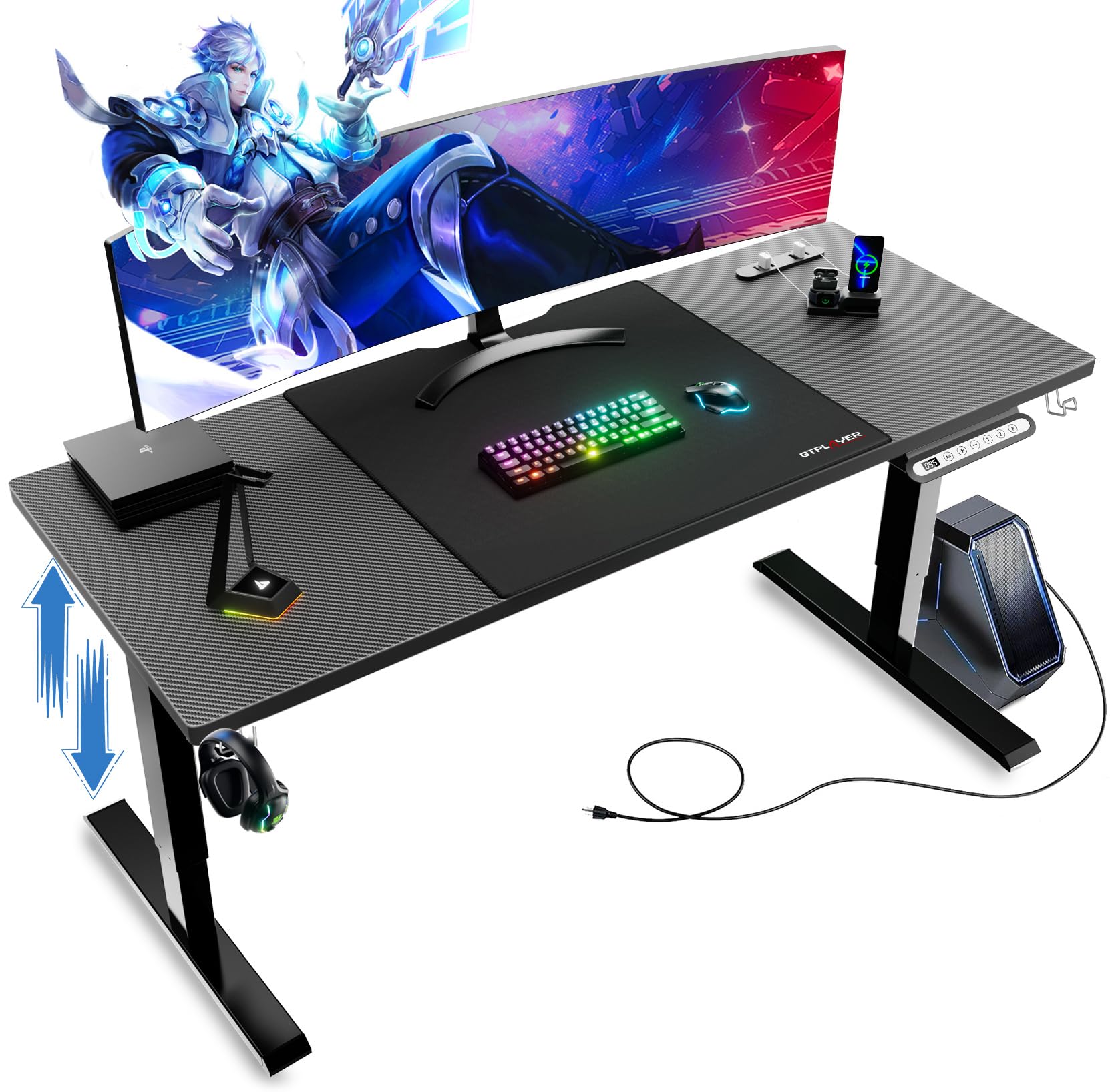 GTPLAYER ゲーミングデスク パソコンデスク ローデスク 電動 昇降式 静音 速い 安定昇降 デスクマット付き コンセント付き フック ケーブルマネージャー 耐荷重80kg 幅110cm×奥行55cm×高さ46～72cm(2cm天板を含めて) 人間工学 カーボン調 GTS111-110-CFBLK商品画像