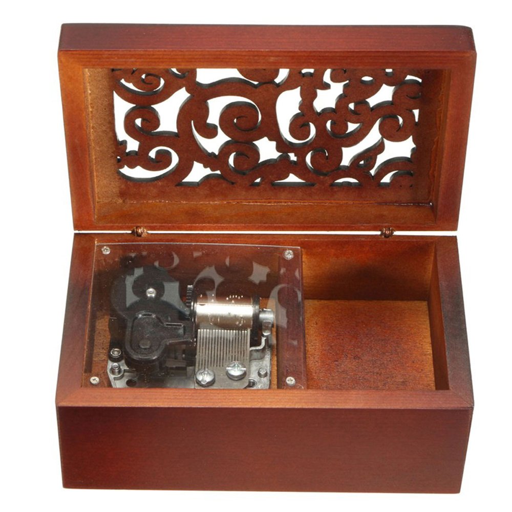 Antique Engraved Wooden Wind-Up Musical Box,Edelweiss Musical Box,with Silver-plating Movement in,Rectangle
