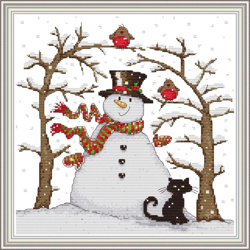 WOWDECOR Cross Stitch Embroidery Kits for Adults Kids, Snowman Cat Christmas Winter Landscape 11CT Stamped DIY DMC Needlework Easy Beginners