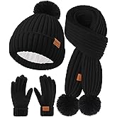 Kids Winter Hat Scarf Gloves Set - Girls Boys Fleece Lined Beanie Hat with Pom Knit Scarf Warm Mittens for Children