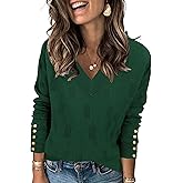 AKEWEI Womens V Neck Sweaters Long Sleeve Lightweight Knit Pullover Tops with Decorative Buttons