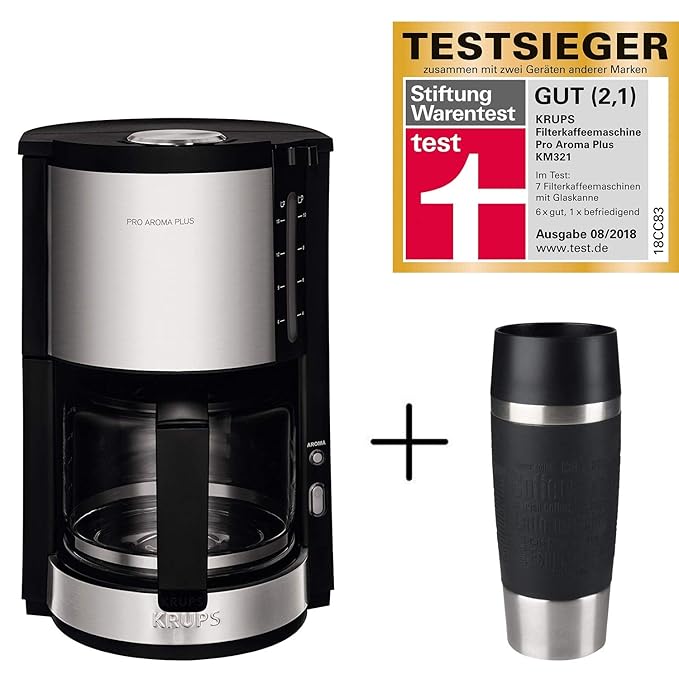 Krups Kaffeemaschine Glas KM321 Proaroma Plus + Emsa Thermobecher Travel Mug 360 ml (10 Tassen, Filterkaffeemaschine Testsieg