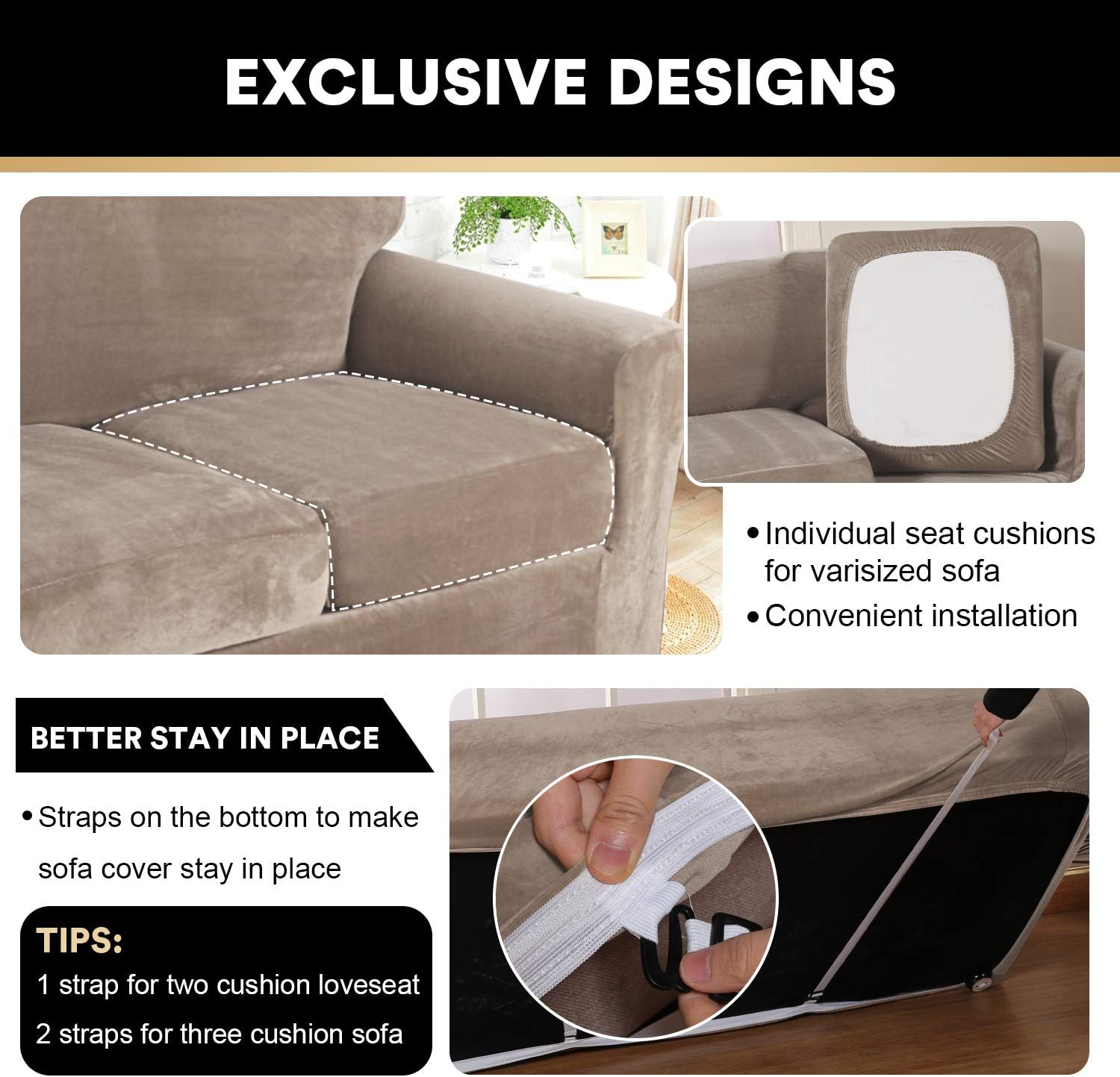 4 Pieces Sofa Covers Stretch Velvet Couch Covers for 3 Cushion Sofa Slipcovers Thick Soft Sofa Slip Covers with 2 Non Slip Straps Furniture Covers with 3 Individual Seat Cushion Covers (Sofa, Taupe): Kitchen & Dining