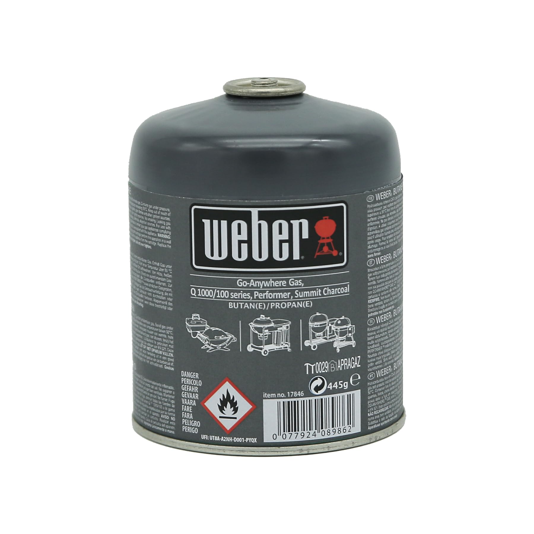 Weber Gas Cartridge - Disposable for Butane/Propane Gas, ideal Q 100/1000, Go-Anywhere Gas, Traveler, Sumit Charcoal & Performer Series, 3-4 hours burning time (17846)