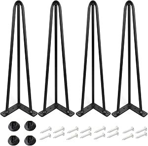 ALXEH 20 Inch Hairpin Table Legs 1/2” Dia 3-Rods Hairpin Furniture Feet 4pcs, Heavy Duty Black Hairpin Legs with Floor Protectors for Coffee Table, DIY Desk and Stand