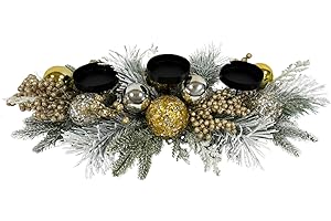 Lnymura Christmas Candle Holder Xmas Decorations 3 Candle Holders with Gold and Silver Christmas Ball Ornament Snow Flocked Pine Needles Golden Berries for Table Centerpiece Holiday Decor Xmas Decor