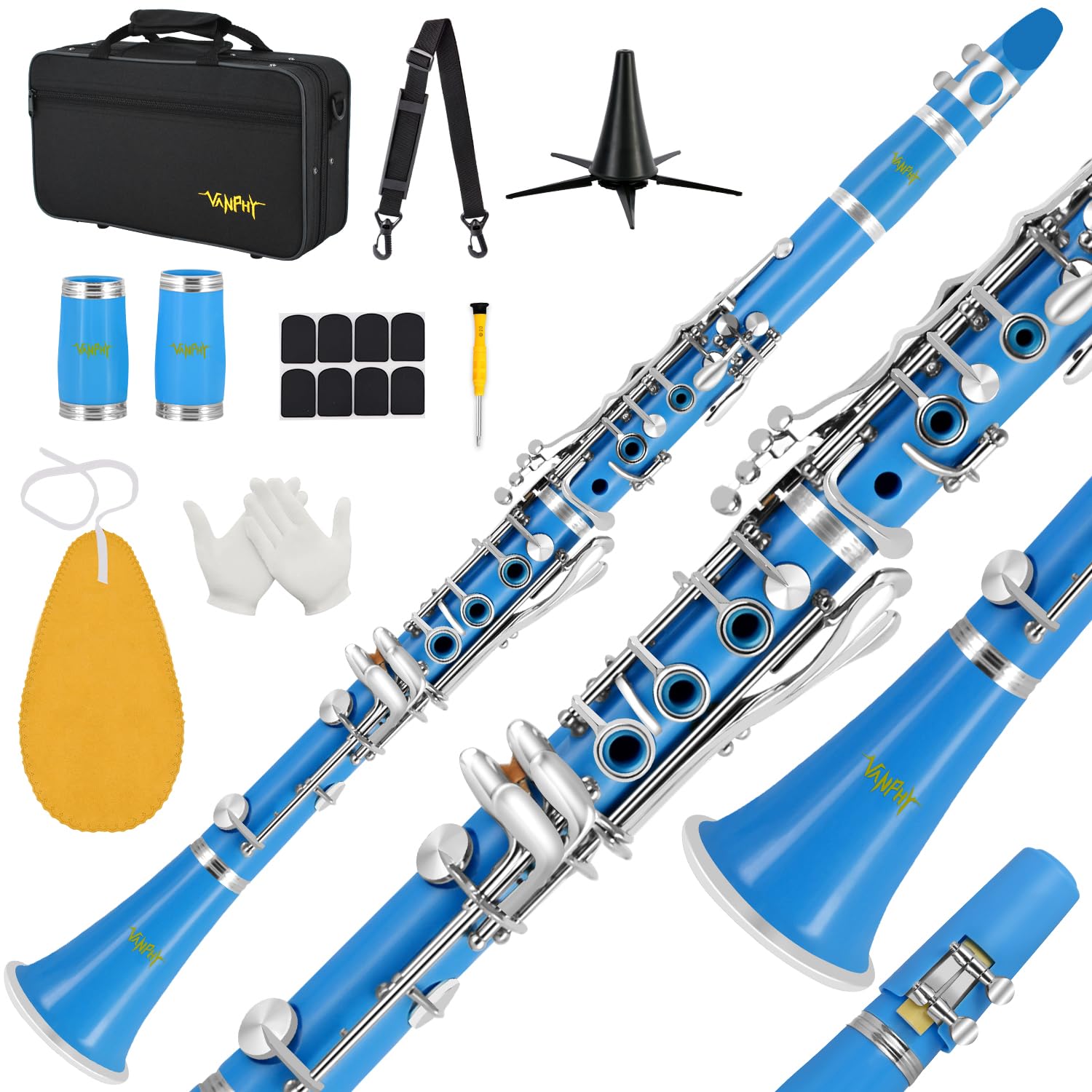 Photo 1 of Bb Clarinet For Beginners Students B Flat Clarinet 17 Keys Clarinets with Case Stand Strap 2 Barrels 8 Mouthpiece Cushion White Gloves(Blue)