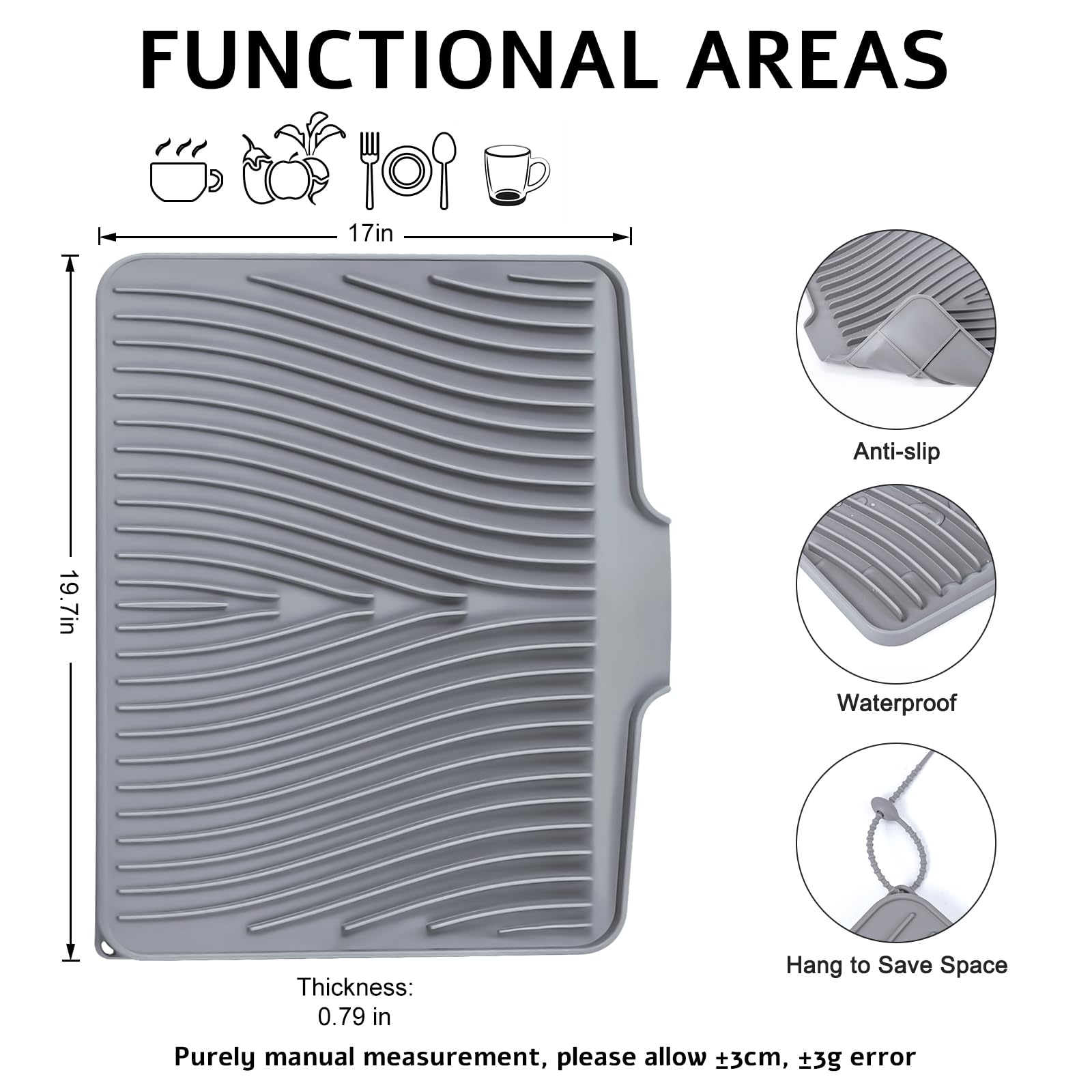 Silicone Dish Drying Mat, Stone Drying Mat for Kitchen Counter with Built-In Drain, Non-Slip Drain Pad with Built-in Drain, Heat Resistant Stone Drying Mat, 1Pcs 19.7