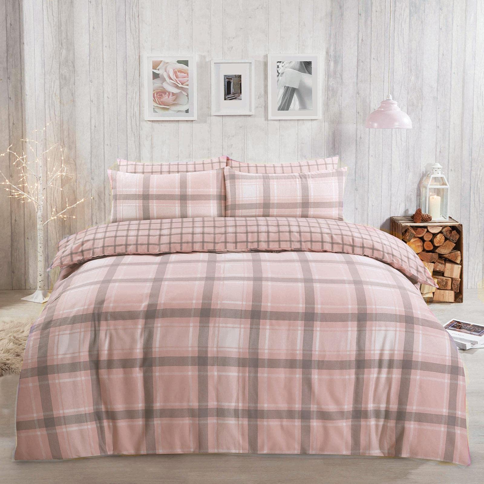 Dreamscene 100% Brushed Cotton Single Duvet Cover Set, Super Soft Warm Aspen Check Reversible Tartan Flannelette Thermal Single Quilt Bedding Set with Pillowcase, Blush Pink