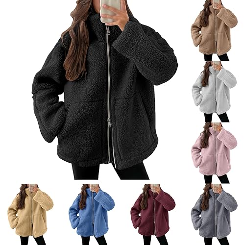 Teddy Fleece Jacket Women Women's Winter Warm Soft Fluffy Coats Causal Solid Color Long Sleeve Full Zip Jacket Elegant Callor Lapel Cardigans Ladies Teddy Fleece Outwear Black-C L