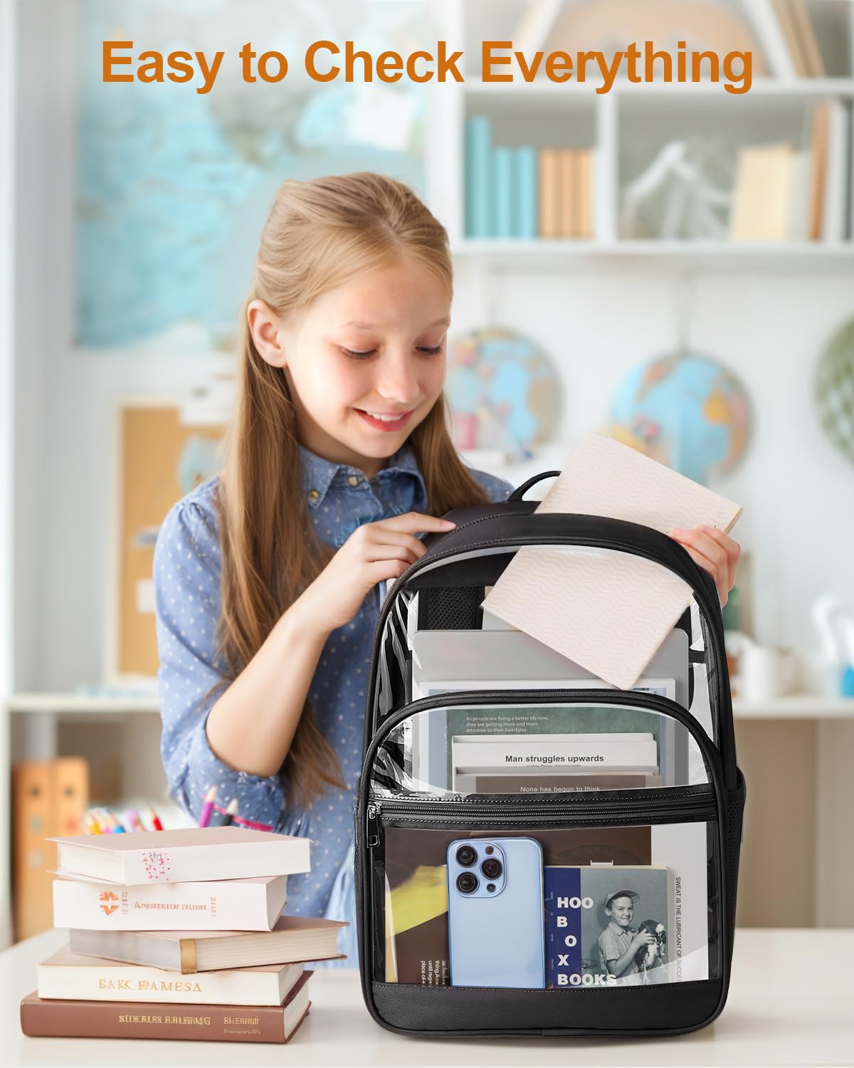 KIMNERPU Clear Backpack, Heavy Duty Transparent Bookbag for School, Fabric & PVC Transparent Backpack with Reinforced Strap for Women Men, Capacity Clear Bag for College, Travel, Security, Black