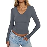 EasyGala Womens Double Lined V Neck Long Sleeve Shirts Slim Fit Layering Tee Going Out Tops Trendy Fall Clothes 2025