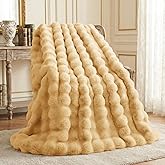 L'AGRATY Faux Rabbit Fur Blanket: 60" x 80" Twin Luxury Soft Fluffy Thick Fur Throw Blanket for Couch Bed - Cozy Plush Bubble Blankets for Winter: Flannel Fleece Decorative Blanket(Milk Tea Brown)