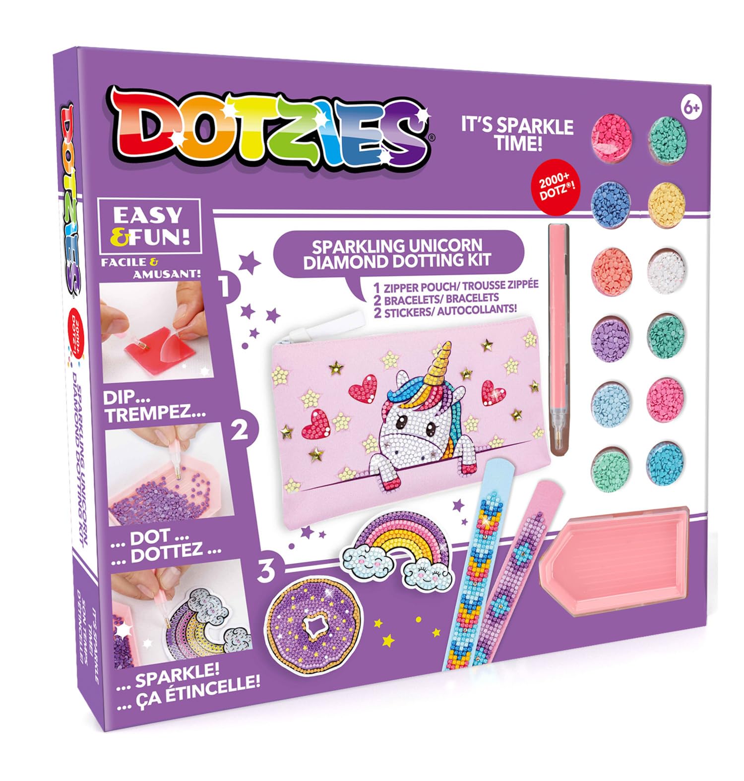 BANDAI Dotzies Sparkling Unicorn Diamond Dotting Kit, Create 3 Accessories with 2,000+ Dotz, Perfect Diamond Art for Kids, Arts and Crafts Diamond Painting Gifts for Girls