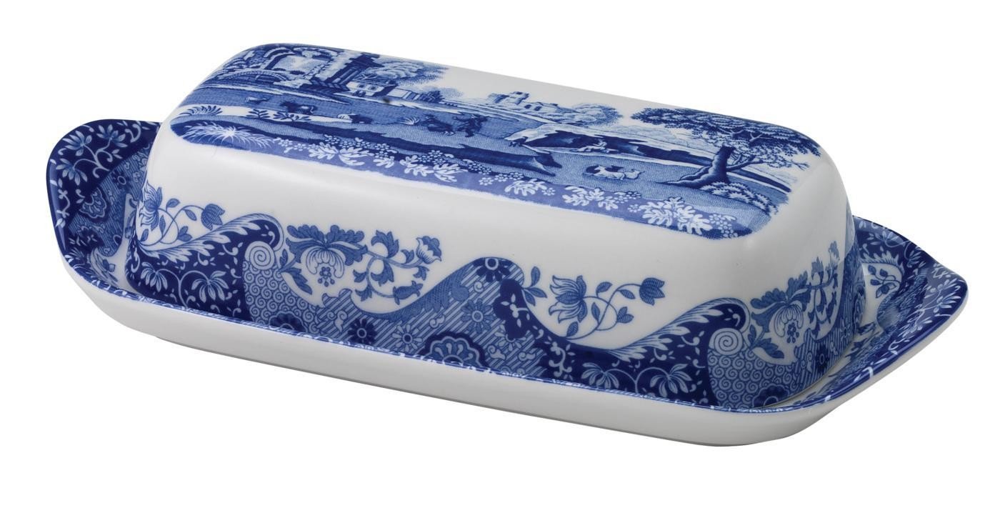 Spode x Blue Italian Porcelain Butter Dish with Lid - Elegant Design Featuring Signature Blue and White Oriental border, Dishwasher Safe, Suitable for Kitchen Display and Everyday Use, Made in England