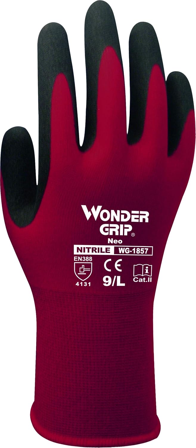 Wondergrip, Neo, WG-1857W Safety Gloves, Single Nitrile Coating, Thin and Light Liner, High Grip & Ergonomic Fit