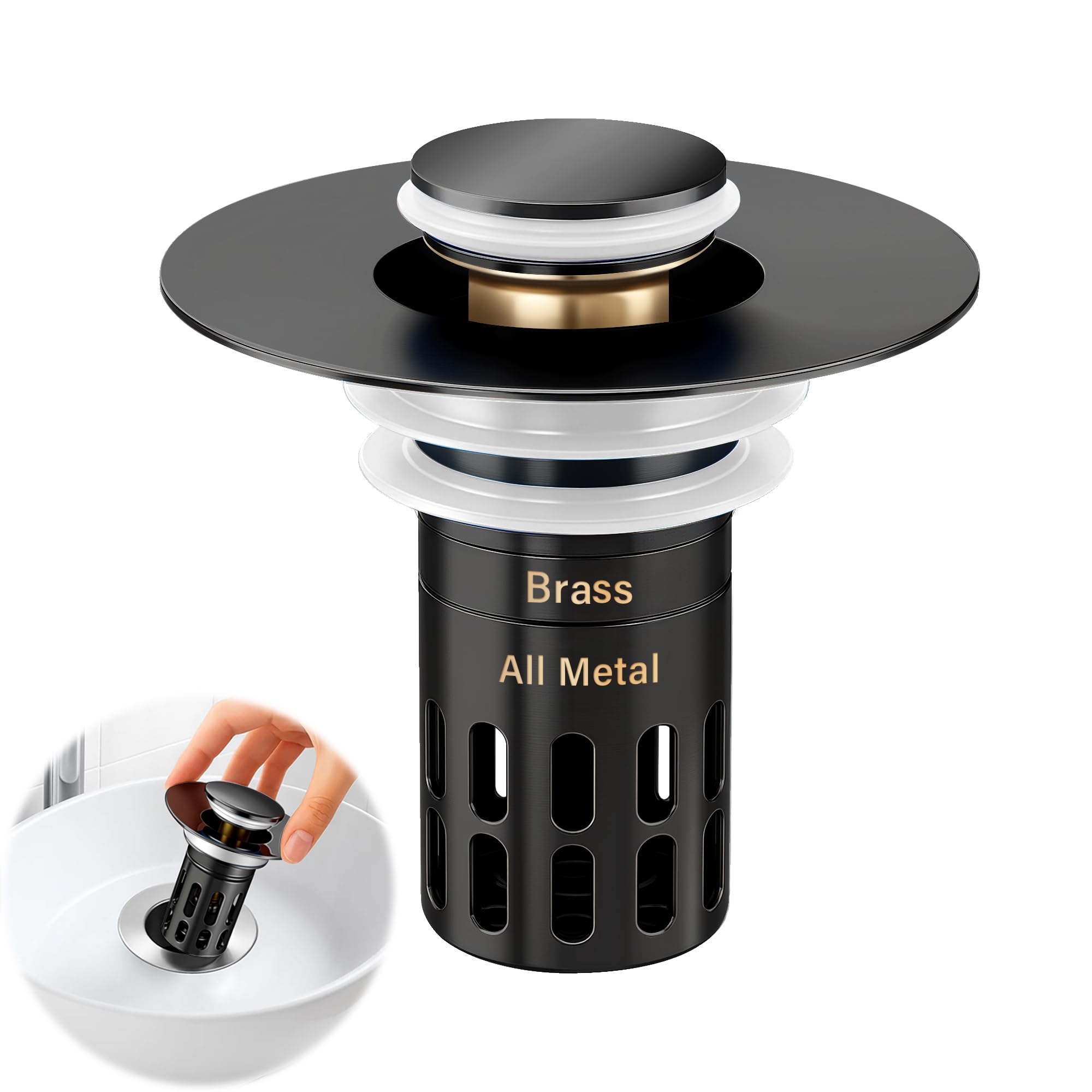 Photo 1 of (All Metal) Bathroom Sink Stopper,Pop Up Drain for Bathroom Sink,Sink Stopper Hair Catcher,Silent Popper Core w/Removable Stainless Steel Filter Basket,Sink Drain Plug Fit for 1.05~2.0''Basin