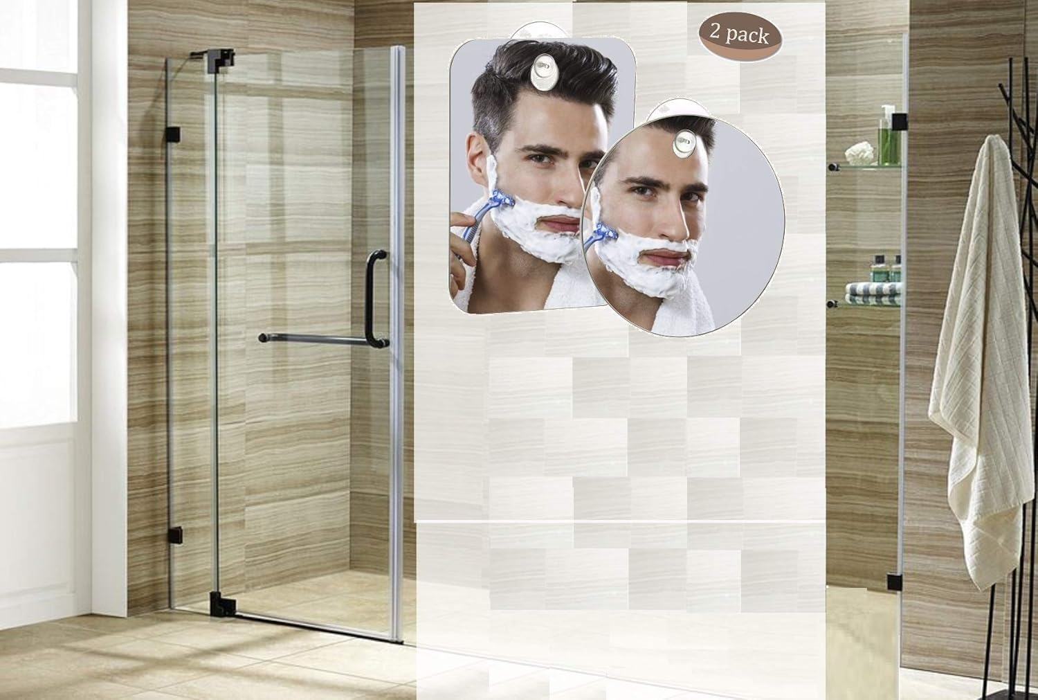 Q-BICS Fog Free Shower Shaving Mirror Rectangular and Round Shapes Set of 2 Just Hang On Wall Unbreakable Portable Traveling Shaving Mirror: Furniture & Decor