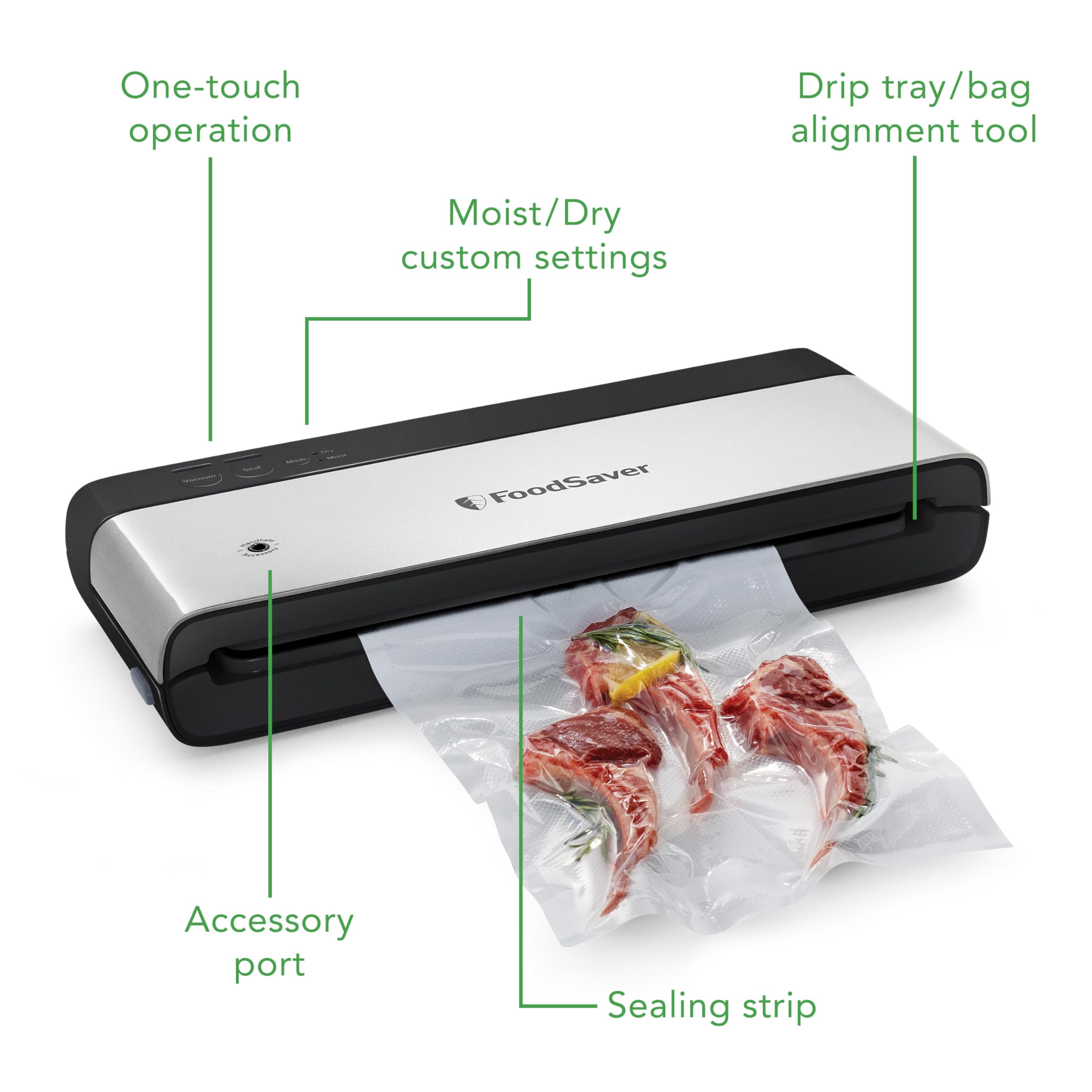 FoodSaver PowerVac Compact Vacuum Sealing Machine Stainless Steel & Black Vertical Storage VS0150 | Preserves freshness reduces bag waste for both dry and wet food
