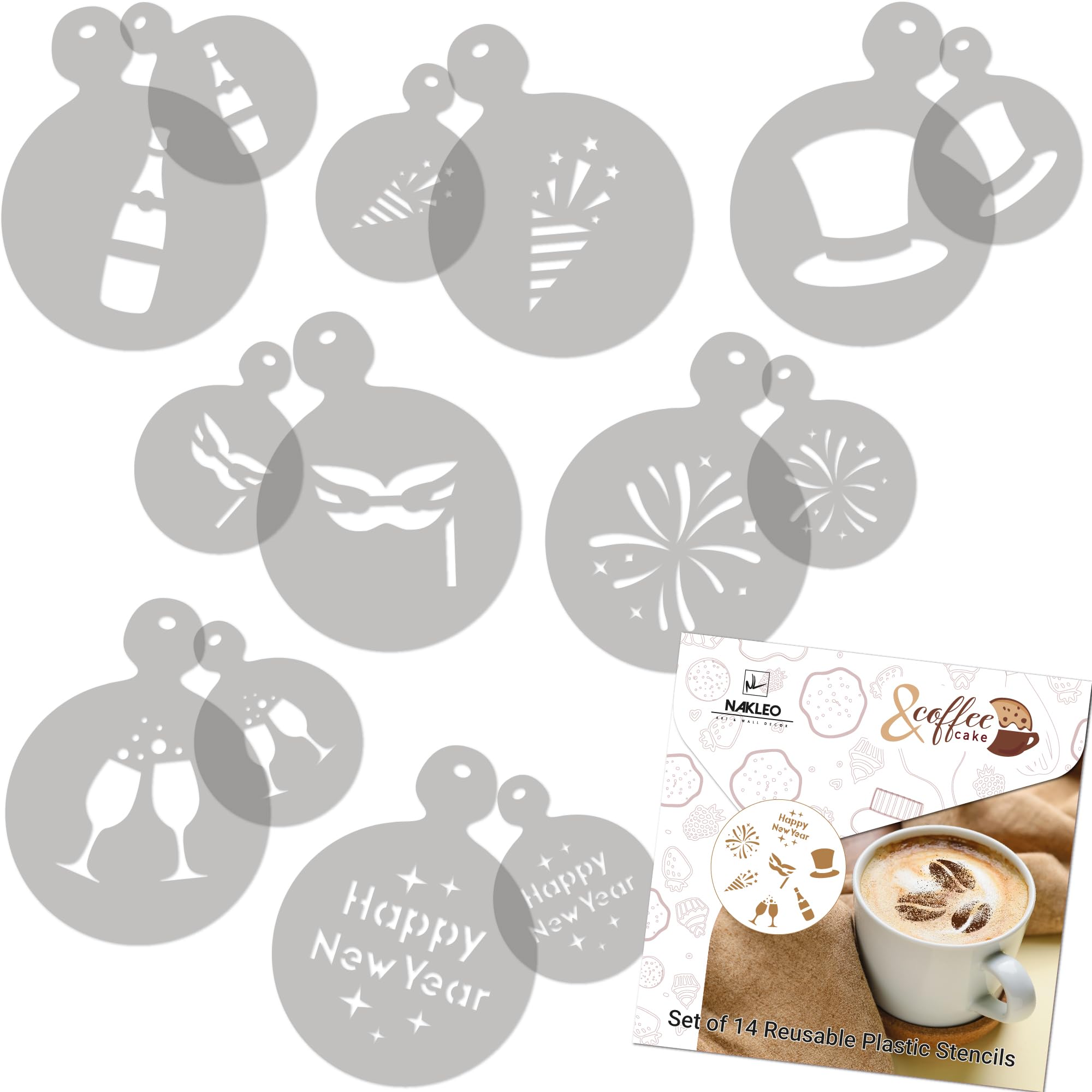 NAKLEO Coffee Stencils and Cookies Decoration 14Pcs 7x7 and 11x11cm, Reusable Plastic Baking Templates, New Years Eve, Barista DIY Art Craft, Capuccino Latte Chocolate Cake Biscuit Kitchen