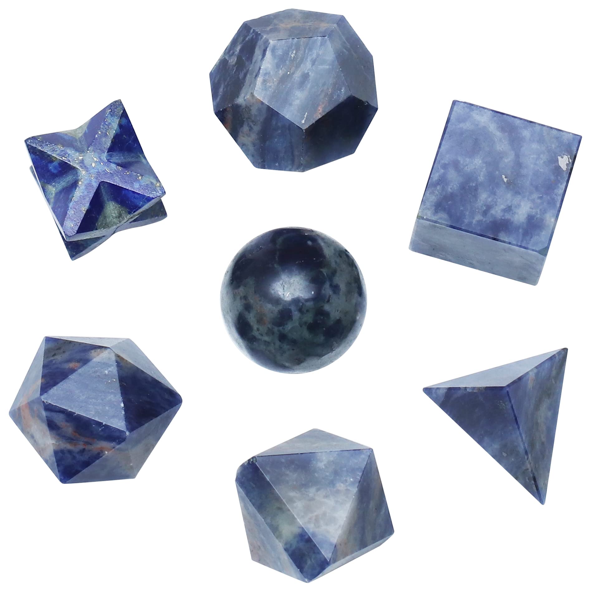 Crocon Sodalite 7Pcs platonic solids crystal geometry set, Platonic Solids Sacred Geometric stones for Meditation Reiki Balancing Healing Chakra Stone Cleansing Spiritual Good Luck (15-20 mm)